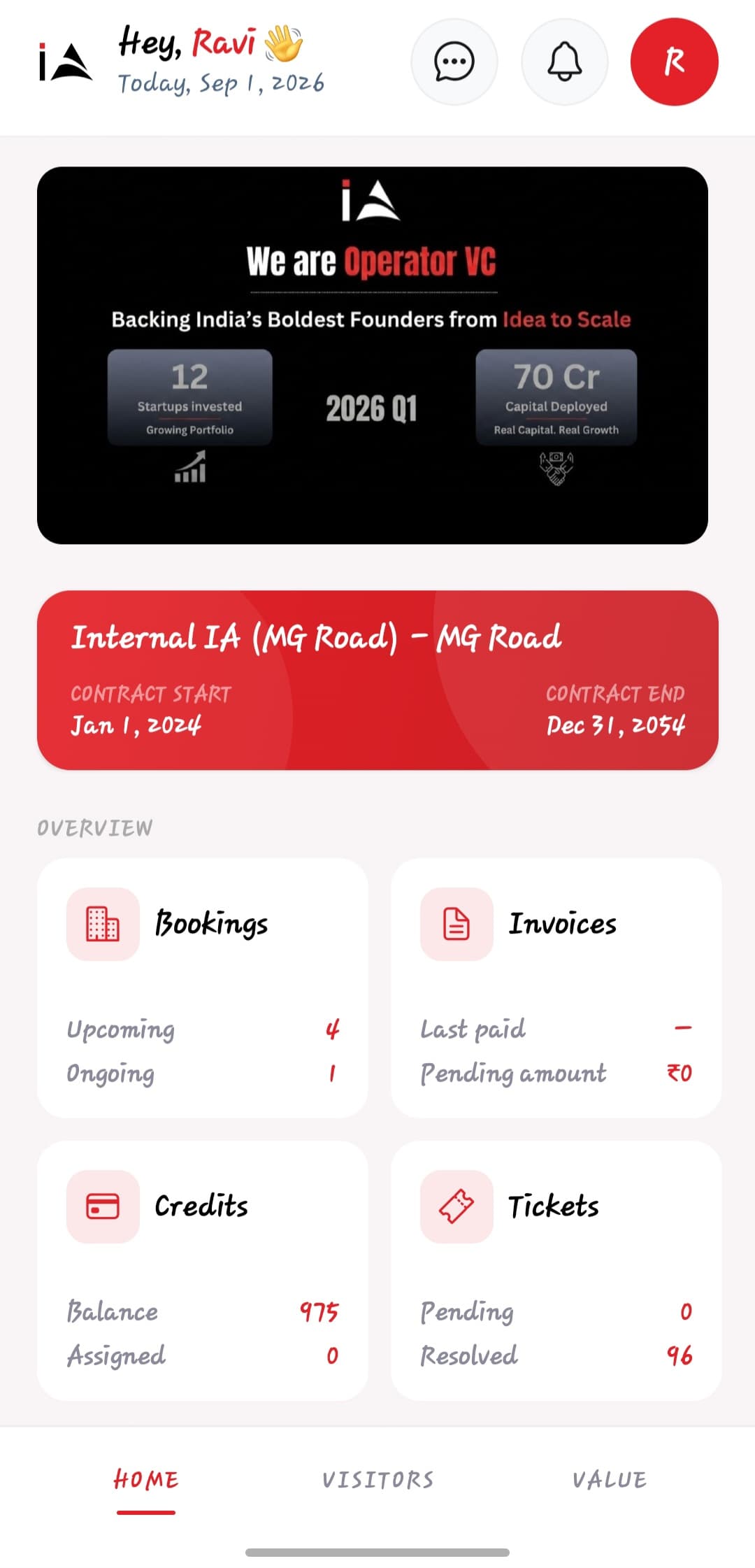 The IA Spaces member app home screen: the member’s contract dates, then bookings, invoices, credits and support-ticket counts.
