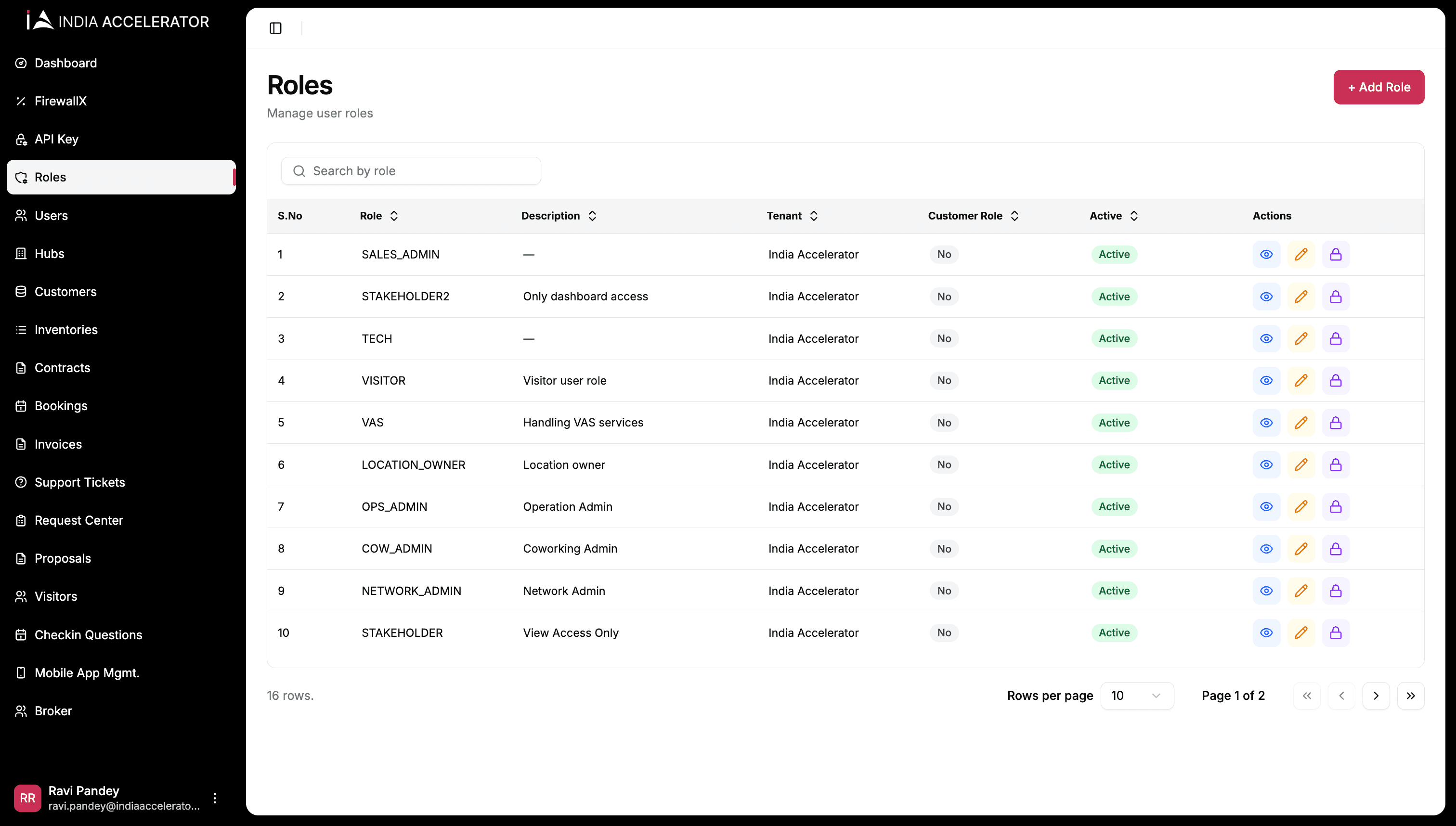 The operator panel’s role management screen, listing roles like OPS_ADMIN and LOCATION_OWNER against the tenant they belong to.